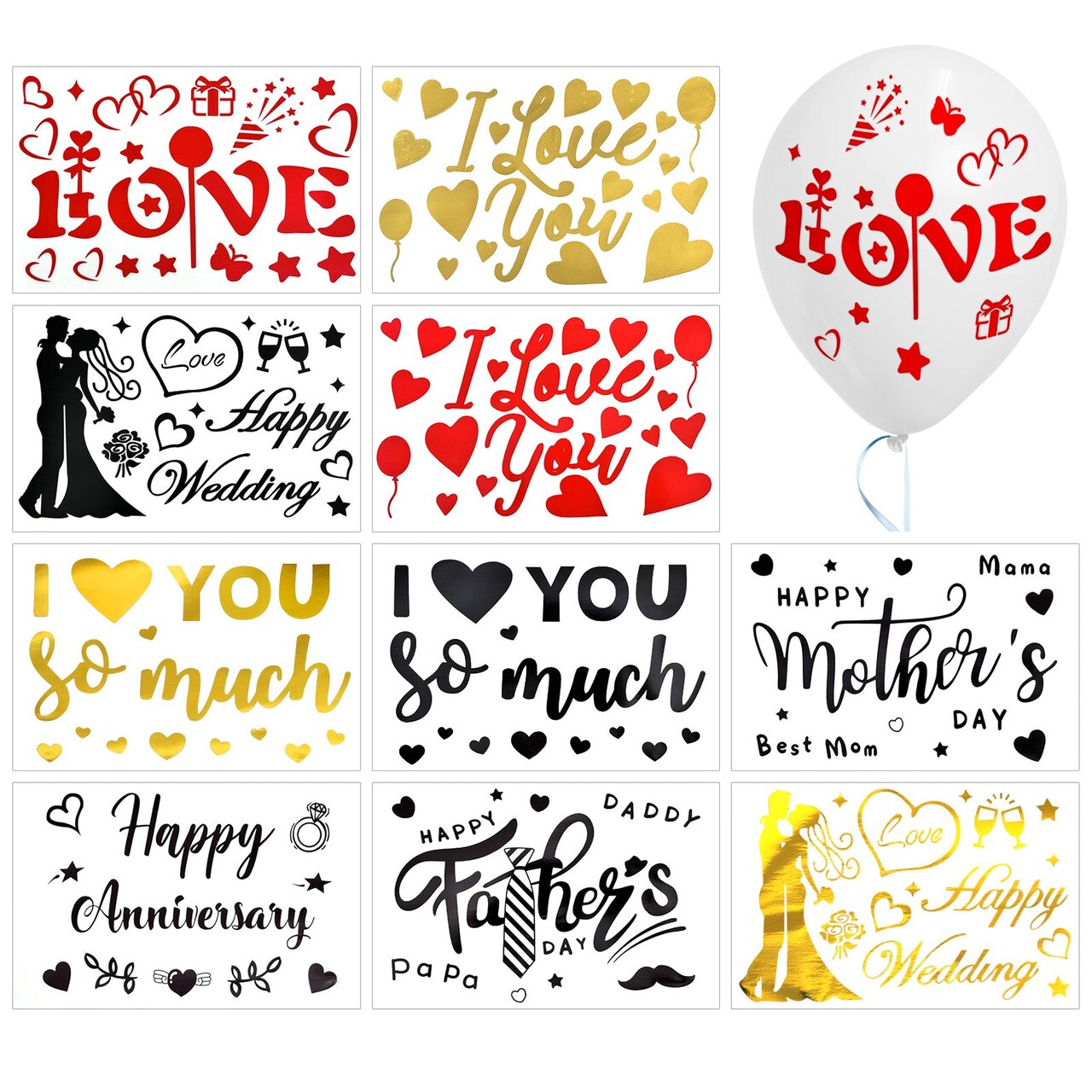 Wrapables Bobo Balloon Stickers, DIY Balloon Decoration Decals for Birthday Parties, Wedding Anniversaries, Celebrations (Set of 10), Love & Celebration